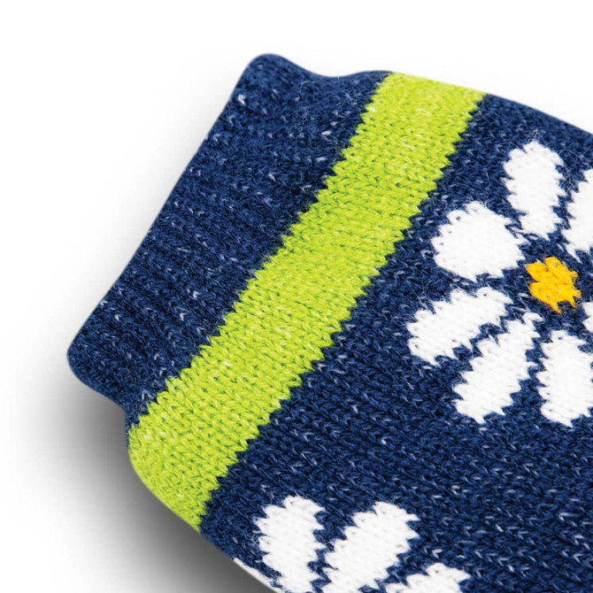 A pair of blue cosy socks with a floral pattern and green stripes. The socks feature a logo.