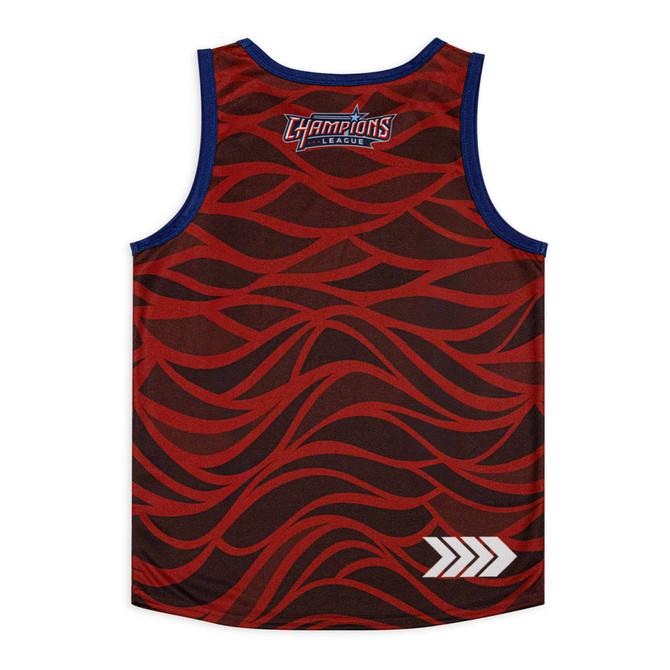 Custom youth active tank top featuring a red and dark pattern with a blue trim and a logo on the front.