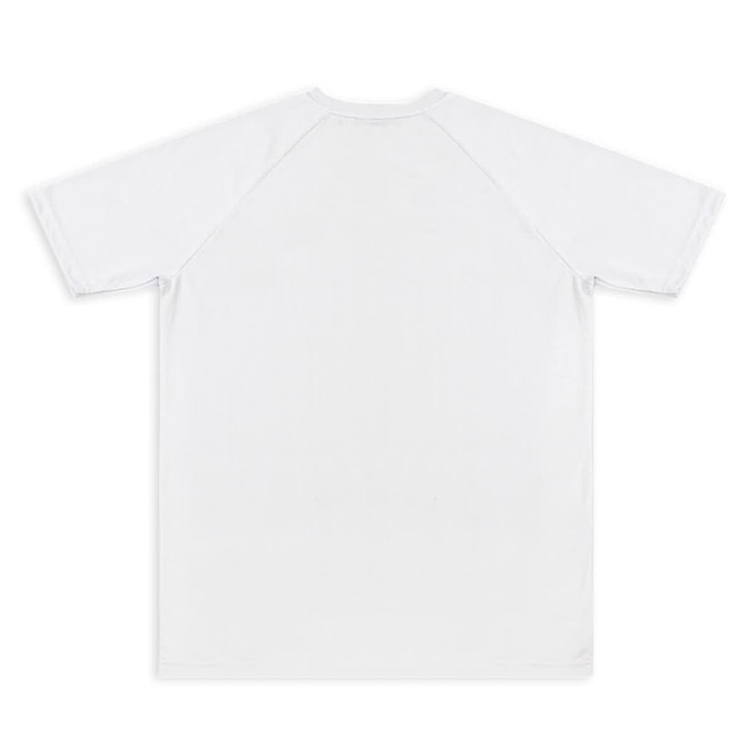 A white custom men's active V-neck T-shirt featuring a plain back design and raglan sleeves.