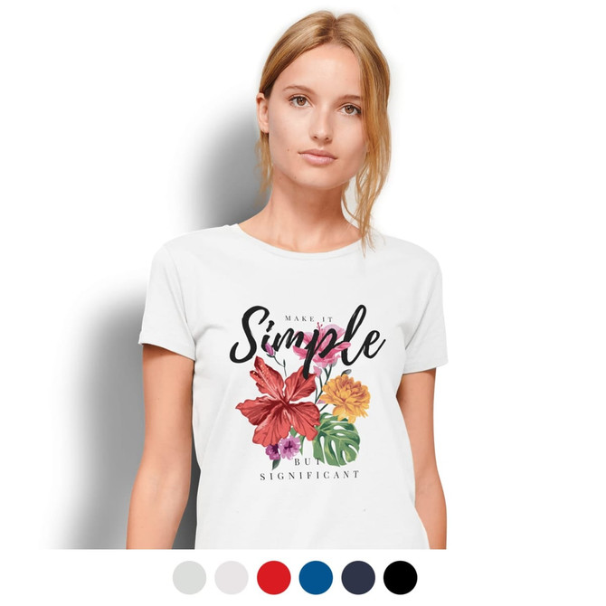 A white women's organic t-shirt featuring floral designs and a logo. Available in multiple colours.