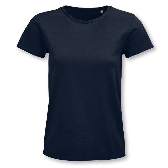 A women's organic T-shirt in navy blue with a round neck and short sleeves, featuring a logo.