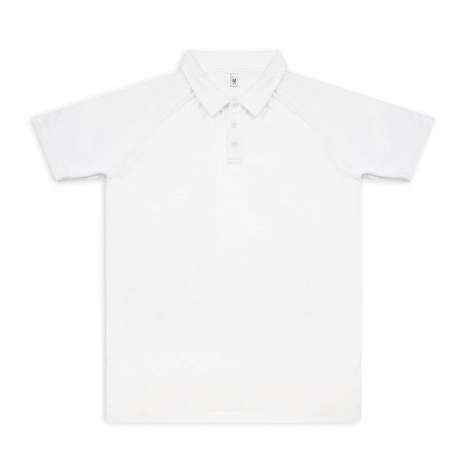 A white custom men's active polo shirt featuring a collar and a logo.