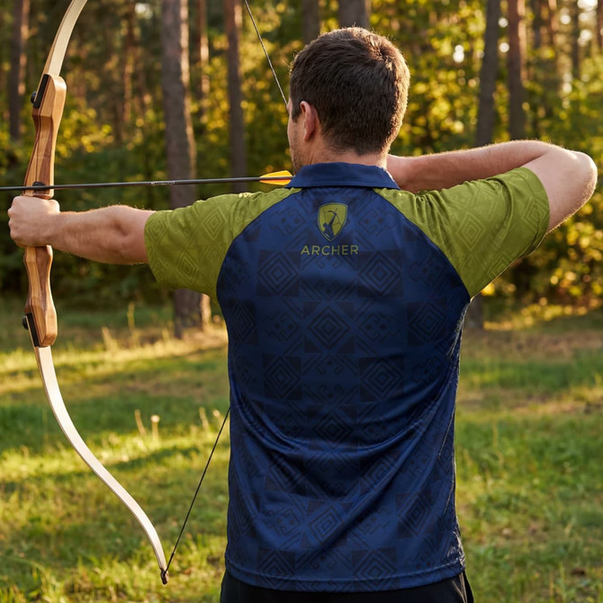 A men's active polo shirt featuring a dark blue back and a green front, designed for performance with a logo.