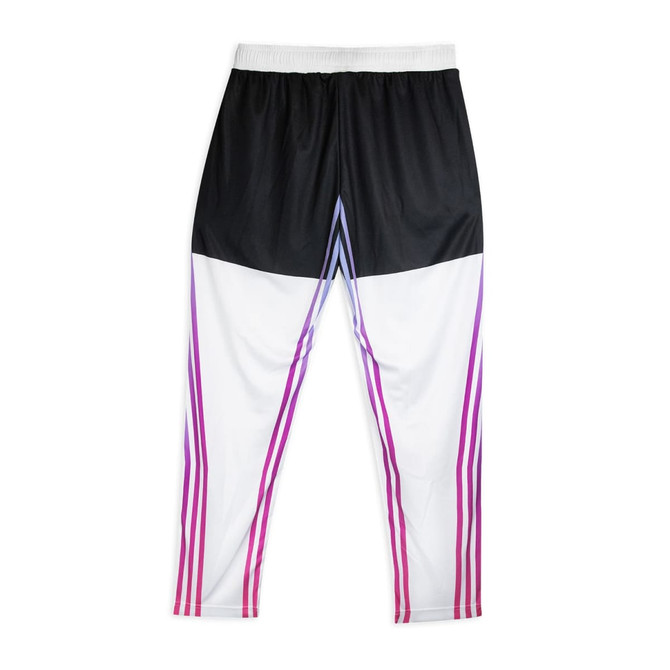 Custom women's active pants featuring a black top and white lower section with pink and purple stripes. It has a logo.