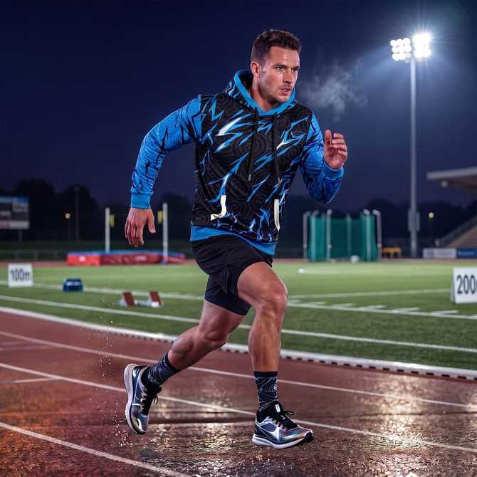 A man is running on a track wearing a blue and black patterned active hoodie with a logo.