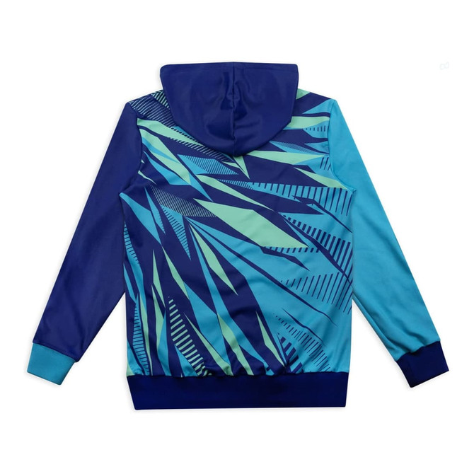 A custom womens active hoodie featuring a vibrant blue and teal geometric design with a hood. It has a logo on it.