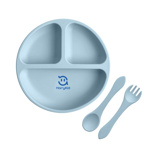 A blue silicone kids suction plate with three compartments and a spoon and fork set. The plate features a logo.