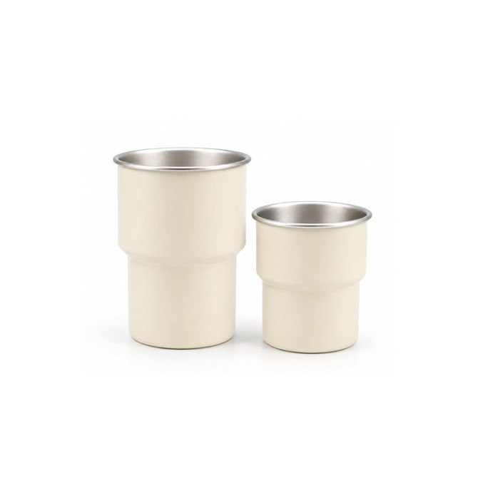 A stainless steel camping mug set in cream, featuring two sizes with a metallic inner lining and a simple design.