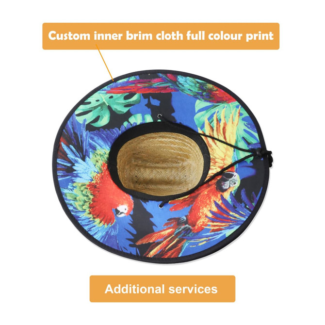 A straw hat featuring a vibrant multi-coloured inner brim design and a string for secure wear.