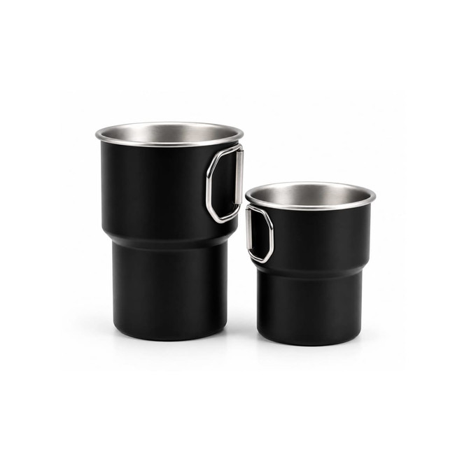 A set of black stainless steel camping mugs with handles, available in two sizes: 280ML and 500ML.