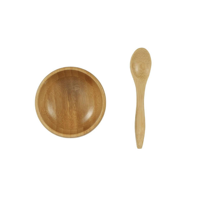 A bamboo facial mask bowl set featuring a round bowl and a matching spoon, both in natural bamboo colour.