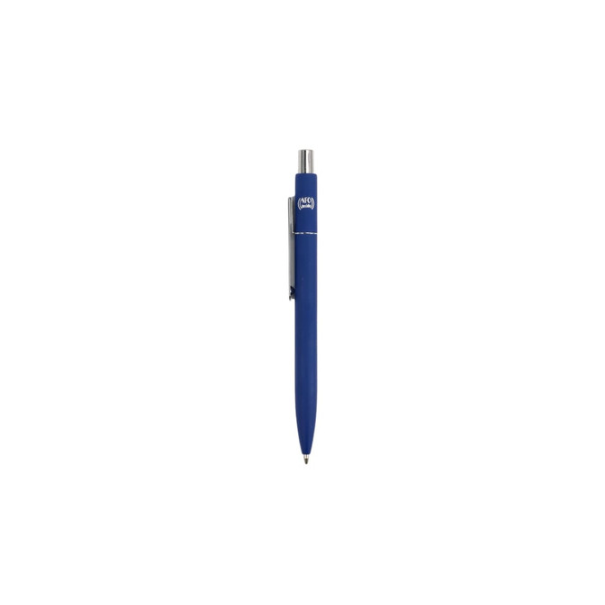 A blue metal ballpoint pen with a silver clip and a logo on the body.