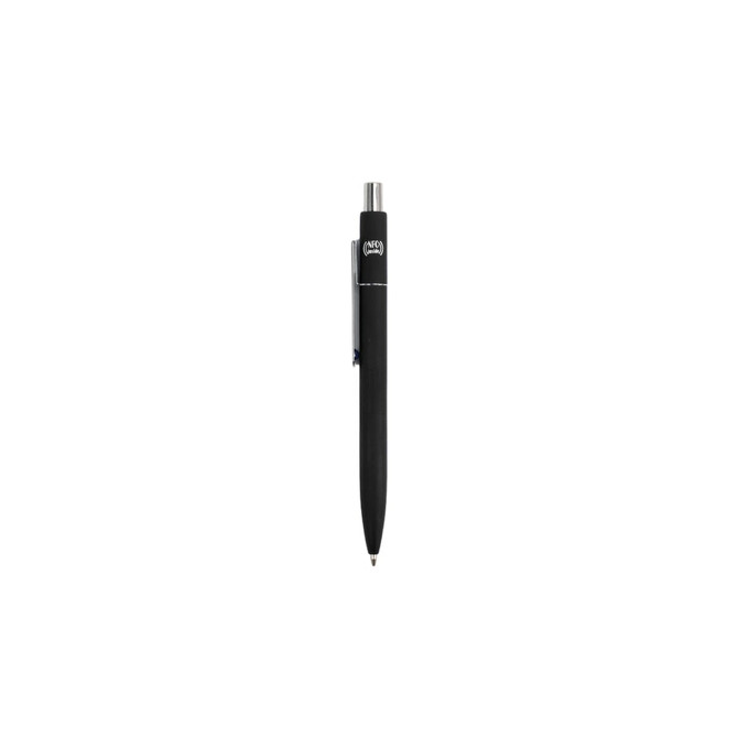A black metal ballpoint pen with a sleek design and a clip, featuring a logo on the body.