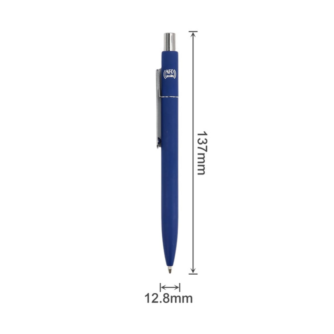 A blue metal ballpoint pen with a silver clip, featuring an NFC logo and dimensions of 137mm by 12.8mm.