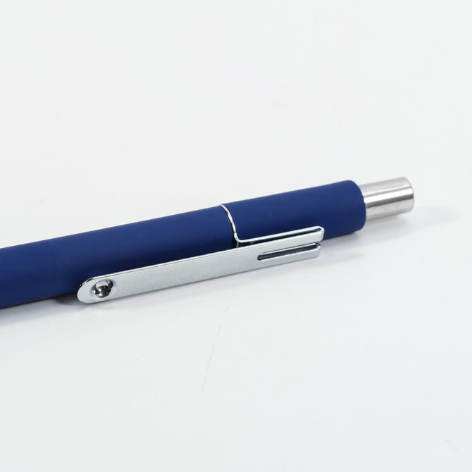 A metal ballpoint pen featuring a blue grip and a silver clip, with a sleek, modern design.