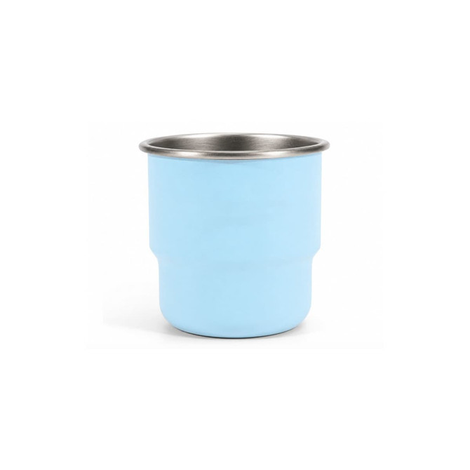 A stainless steel round bottom camping mug in light blue with a silver rim and a logo on the surface.