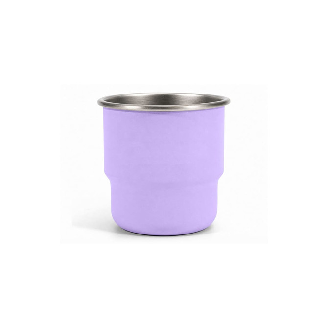 A round bottom camping mug in lavender with a stainless steel interior and a logo on one side.