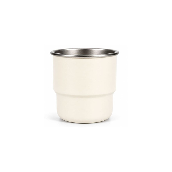 A camping mug in cream colour with a stainless steel rim and single wall design. Features a logo on the side.