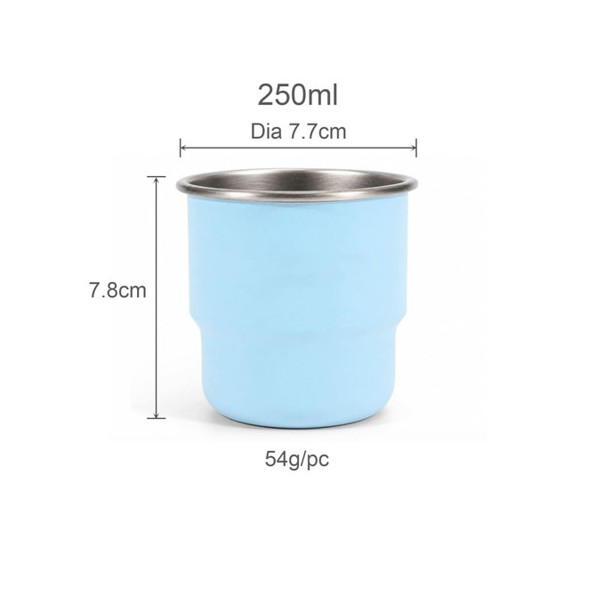 A blue 250ml single wall stainless steel round bottom camping mug with a metallic rim and a logo on it.