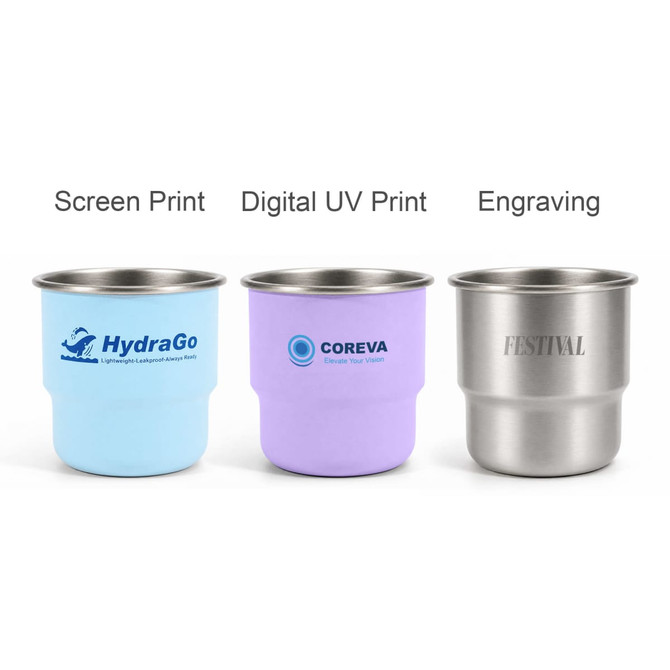 A collection of three 250ML stainless steel camping mugs in blue, purple, and silver, featuring different printing styles.