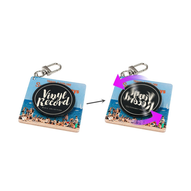 A square acrylic keychain with a vinyl record design, featuring a beach scene on one side and a spinning feature.