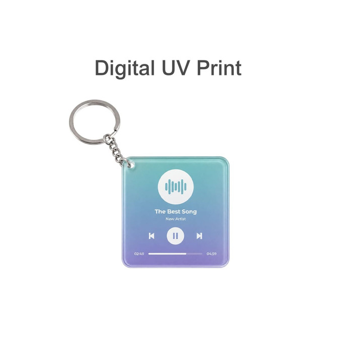 A square acrylic keychain in a gradient of blue and green, featuring a digital music player design and a keyring.