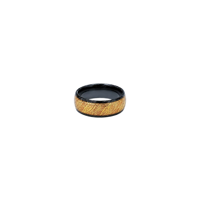 A ceramic ring featuring a black band with a textured gold design. It has a shiny finish and includes a logo.