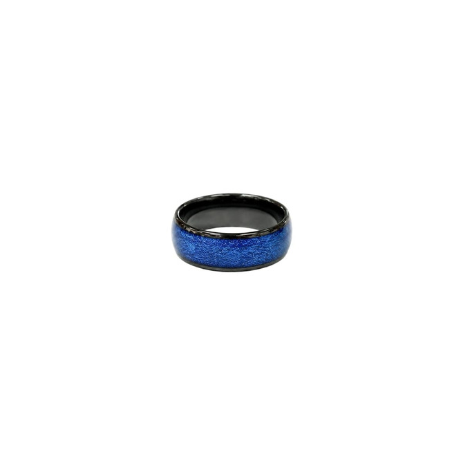 A blue and black NFC ceramic ring with a textured surface and a shiny finish. It features a logo on the interior.