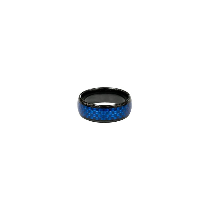 A NFC ceramic ring featuring a glossy black finish with a blue woven pattern. It has a sleek, modern design.