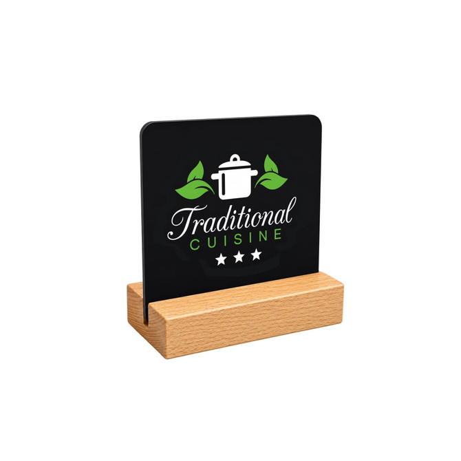A black acrylic menu with a wooden stand, featuring a cooking pot and foliage design.