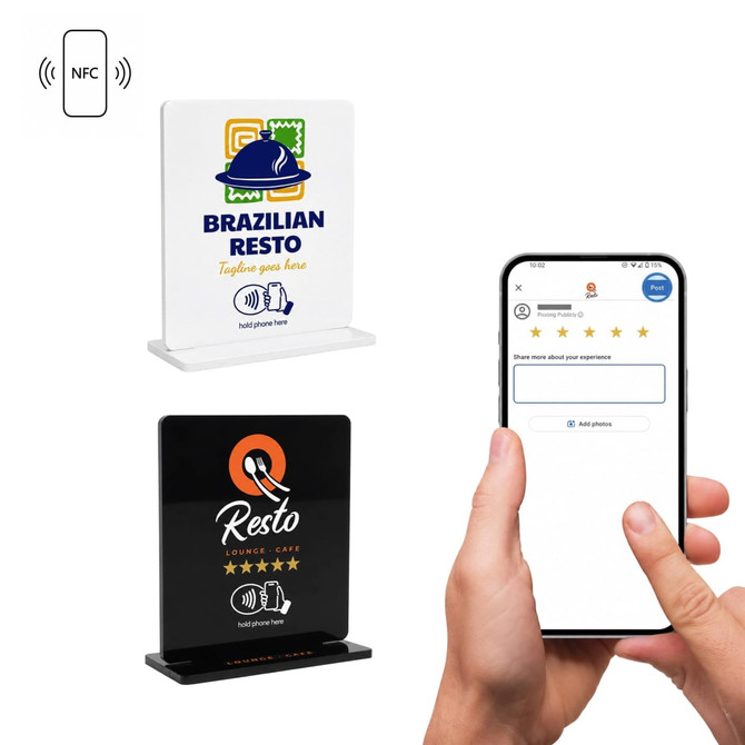 A black and white NFC acrylic menu stand with a hand holding a smartphone, displaying a menu app.