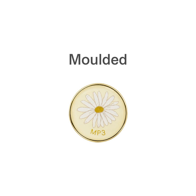 A round pin badge featuring a daisy design, with a gold border and a moulded appearance.