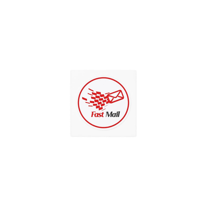 A circular sticker featuring a red and white design with an envelope graphic and a logo.