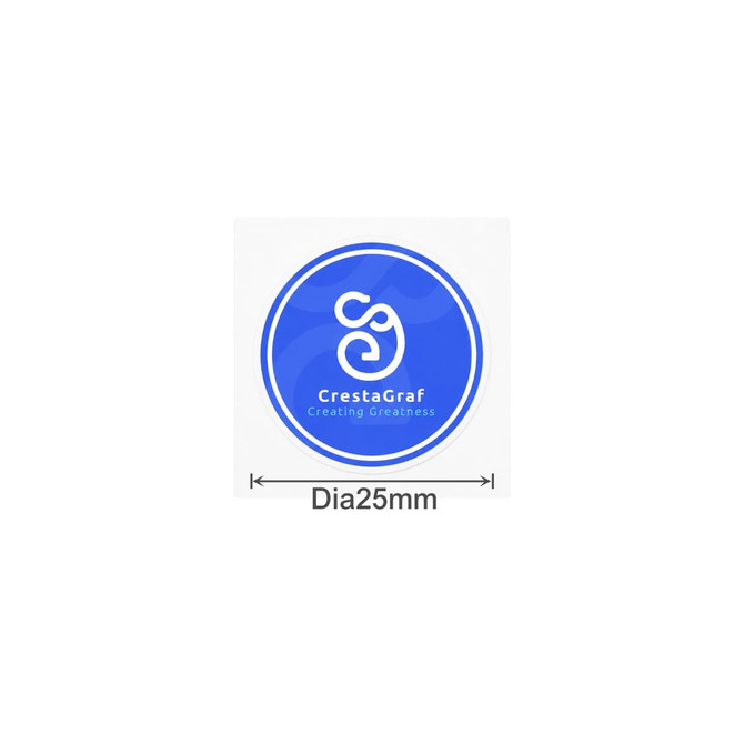 A round blue sticker featuring a logo, measuring 25mm in diameter, with white design elements.