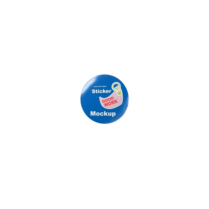 A round blue sticker mockup featuring a lightbulb design and the text "Good Work" in red and white.
