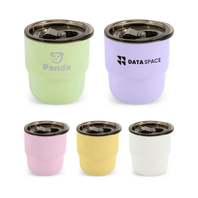 A double wall stainless steel camping mug in green, purple, pink, yellow, and white, featuring logos on some.