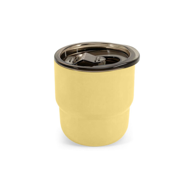 A camping mug in a soft yellow shade with a stainless steel double wall and a lid. It features a logo.