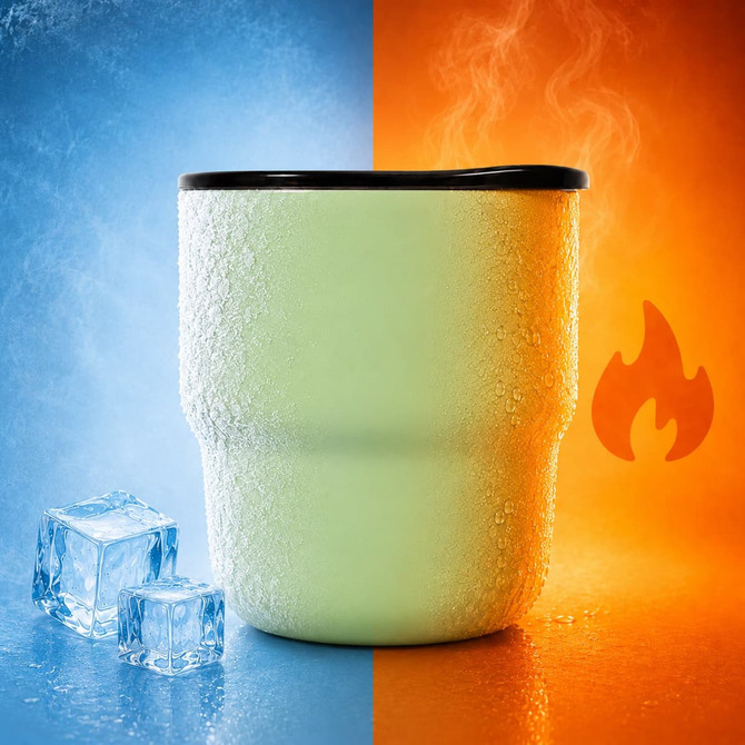 A double wall stainless steel round bottom camping mug in light green with a lid, surrounded by ice cubes and steam.