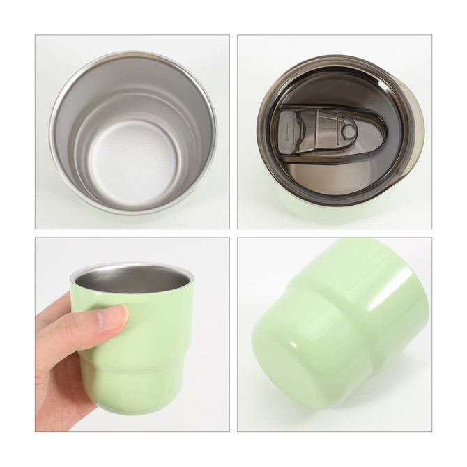 A green 220ml double wall stainless steel camping mug with a lid, showcasing its interior and exterior design.