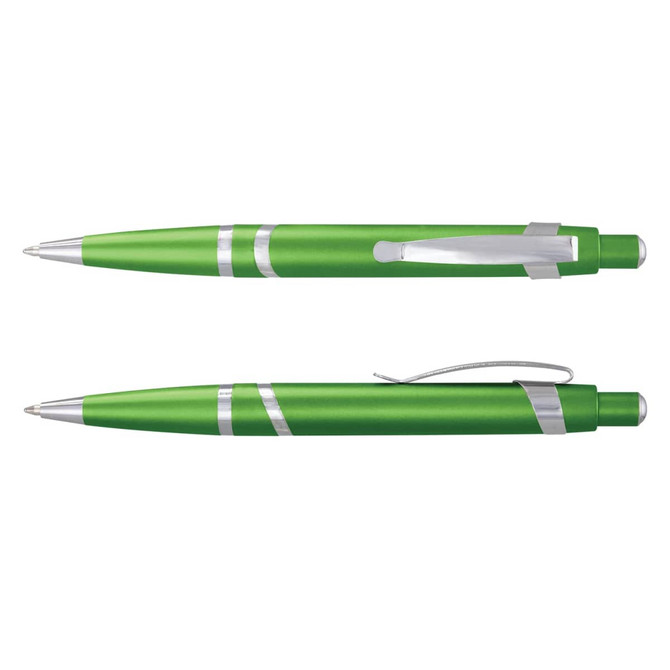 A green plastic pen with silver accents, featuring a smooth, sleek design and a clip for attachment.