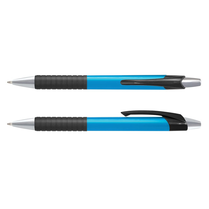 A blue plastic pen with a textured grip and chrome accents, displayed in two positions. It features a logo.