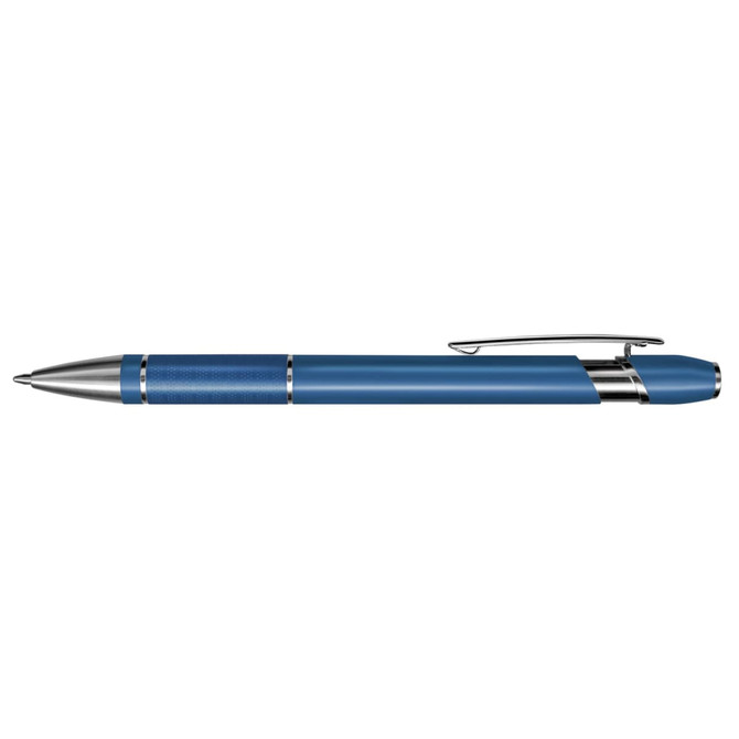 A blue metal pen with a shiny silver clip and accents. The pen features a sleek design and a branded logo.