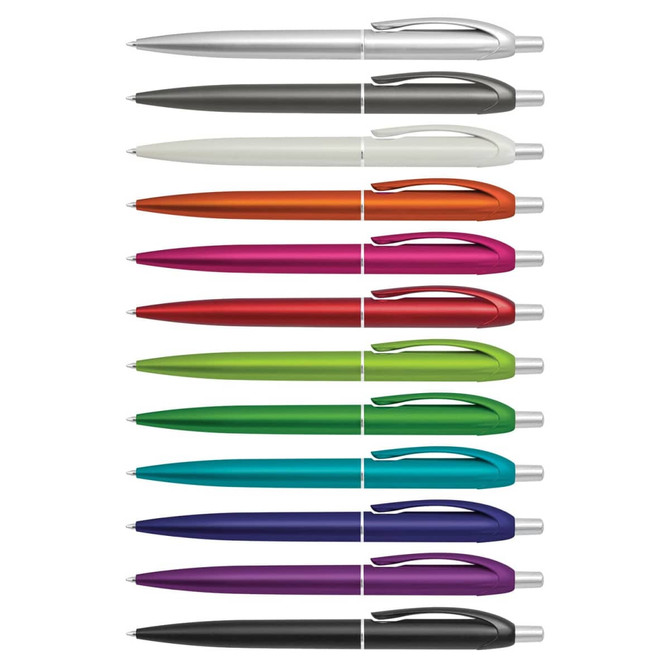 A collection of plastic pens in various colours, including silver, white, grey, orange, purple, green, and black, arranged in rows.