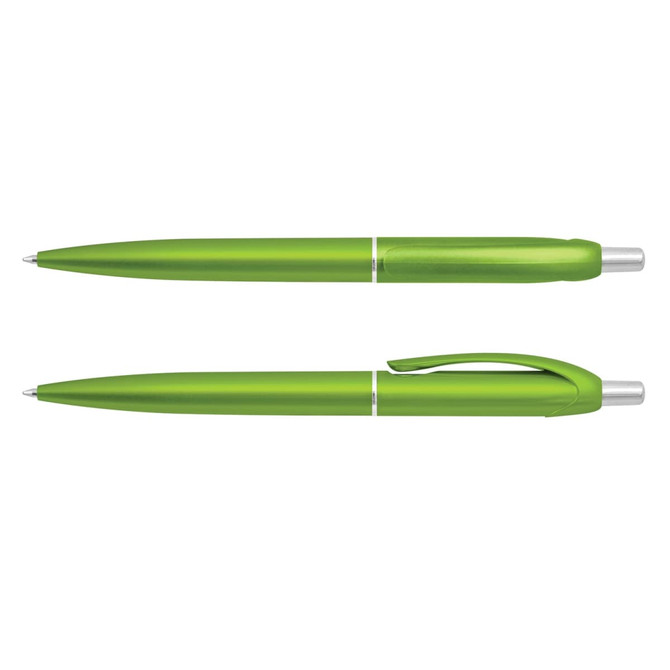 A green plastic pen with a shiny finish, featuring a clip for easy attachment and a smooth writing tip.