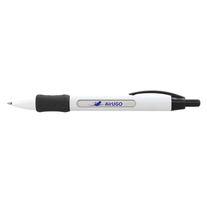 A plastic pen in white with a black grip and a logo on the barrel.