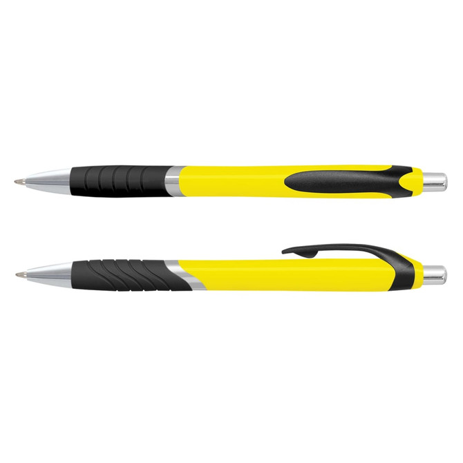 A yellow plastic pen with a black grip and silver accents, featuring a logo.