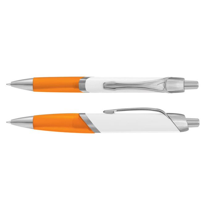 An orange and white plastic pen featuring a silver clip and accents. The pen has a sleek, modern design.