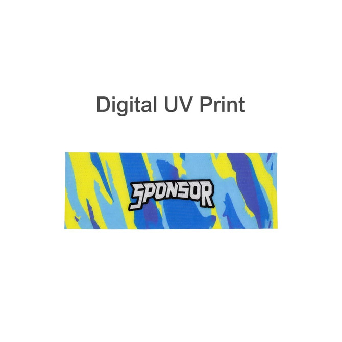 A vibrant headband in blue and yellow with a logo in the centre. Features a digital UV print design.