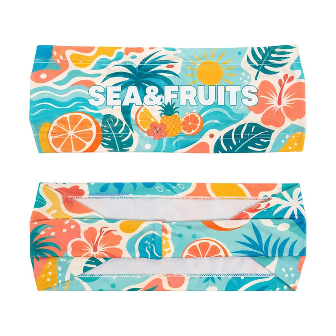 A vibrant polyester spandex sport headband featuring colourful tropical patterns and a logo, with shades of blue, orange, and green.