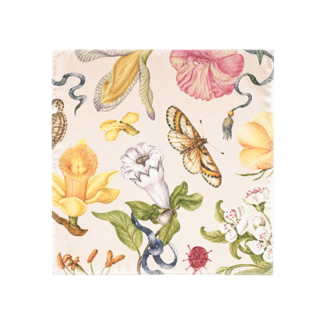 A square scarf featuring a twill weave, adorned with vibrant floral and insect illustrations on a light background.